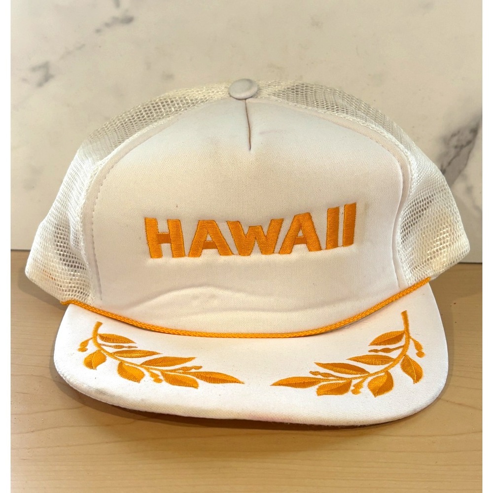 VTG Y2K Epic Hawaii Hawaiian Headwear Trucker Hat White Yellow Rope Snapback Cap